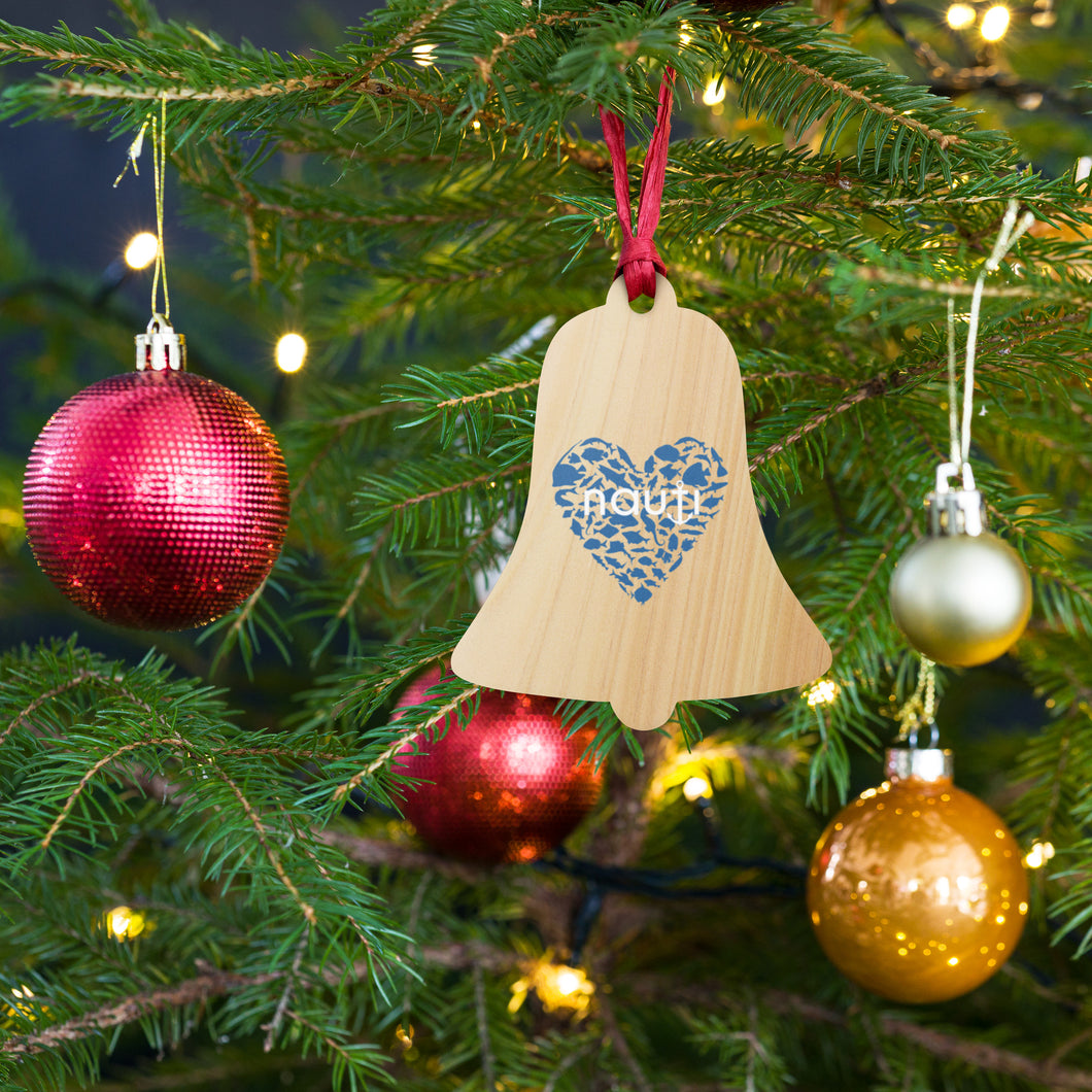 NAUTI Fish Heart Wooden ornament bell with Navy and White Logo