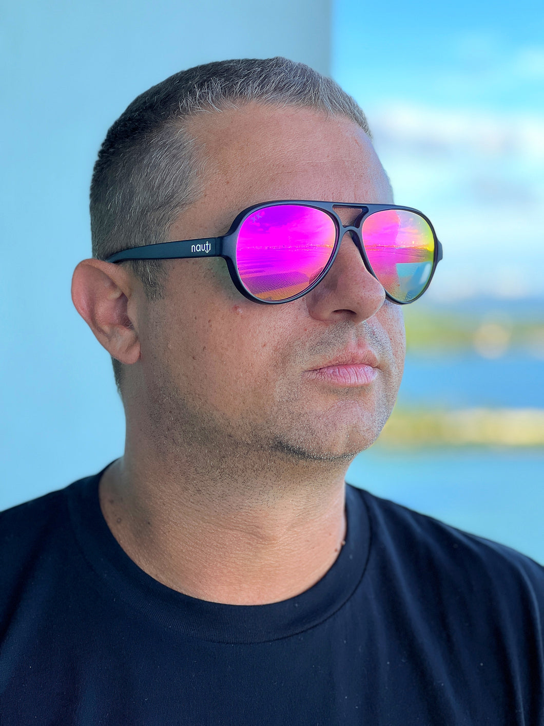 unisex Floating Polarized Nauti Aviators Sunglasses in Rainbow Rose Lens On Deep Blue (Semi-Transparent) Frame Without Case