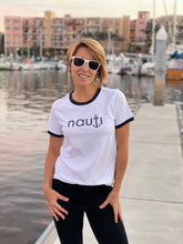 "NAUTI" Anchor Ladies' Adult t-shirt in White with Red or Navy Ribbing