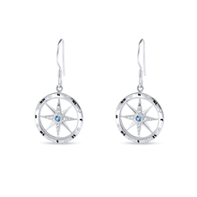 Ladies Compass 3/4" on Wire Earrings from Nau-T-Girl in Silver with Imitation Blue Stone