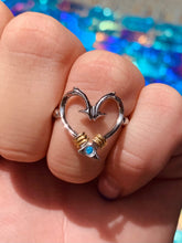 Ladies Hook Heart Rope Ring from Nau-T-Girl in Silver with Gold Accent and Imitation Blue Stone