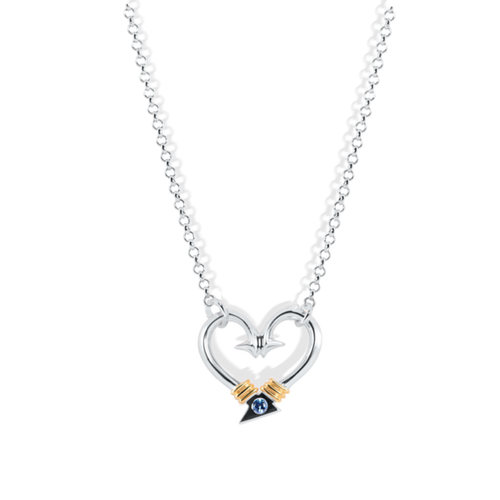 Ladies Hook Heart Necklace (Large) from Nau-T-Girl in Silver with Gold Plated Wrap and Imitation Blue Stone