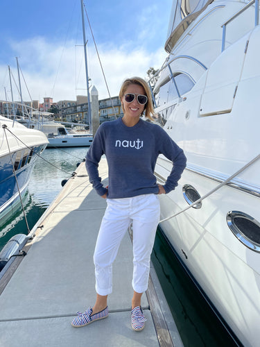 “Nauti” Anchor Eco-Fleece Long Sleeve Sweatshirt Ladies’ in Navy, White and Pacific Blue