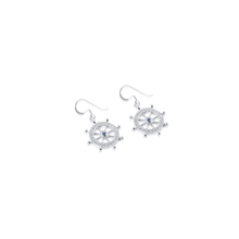 Ladies Ships Wheel Dangle Earrings from Nau-T-Girl in Silver with White Crystal around the Wheel and Blue Imitation Stone