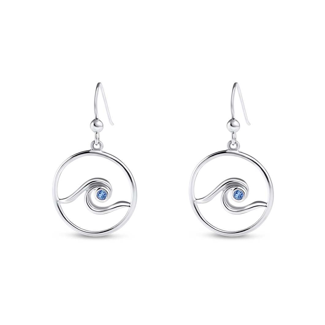 Ladies Wave Dangle Earrings from Nau-T-Girl in Silver with Blue Imitation Stone