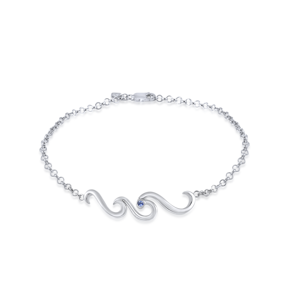 Ladies 3 mm Solid Rolo Chain Wave Anklet from Nau-T-Girl in Silver with Blue Imitation Stone