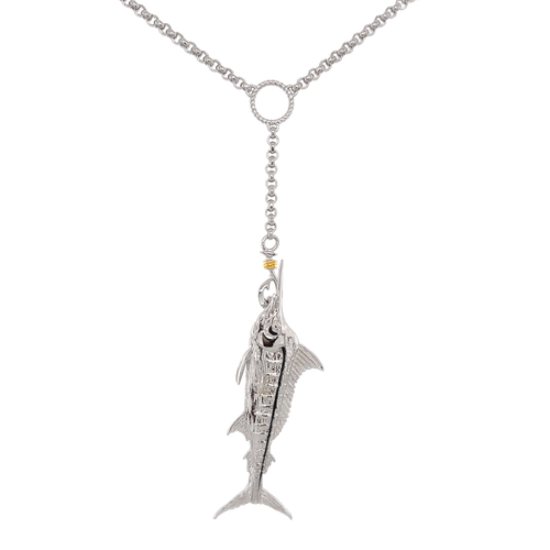 Ladies Blue Marlin Lariat Necklace from Nau-T-Girl in Silver with Gold Plated Wrap