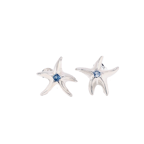 Ladies Starfish Stud Earrings from Nau-T-Girl in Silver with Blue Imitation Stone