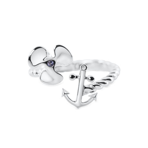 Ladies Propeller Anchor Bypass Ring from Nau-T-Girl in Silver with Blue Imitation Stone