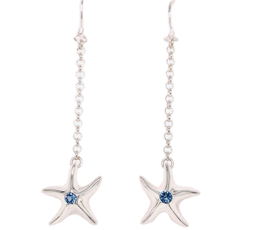 Ladies Starfish Dangle Earrings from Nau-T-Girl in Silver with Blue Imitation Stone