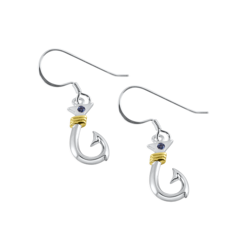 Ladies Hook Dangle Earrings (Medium Size) from Nau-T-Girl in Silver with Gold Accent and Imitation Blue Stone