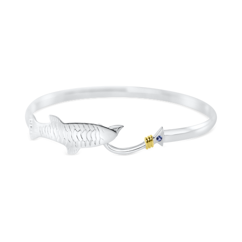 Ladies Fish-Hook Bangle Bracelet from Nau-T-Girl in Silver with Gold Accent and Imitation Blue Stone