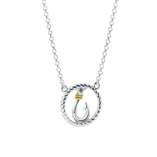 Ladies Hook Circle Rope Necklace from Nau-T-Girl in Silver with Gold Accent and Imitation Blue Stone