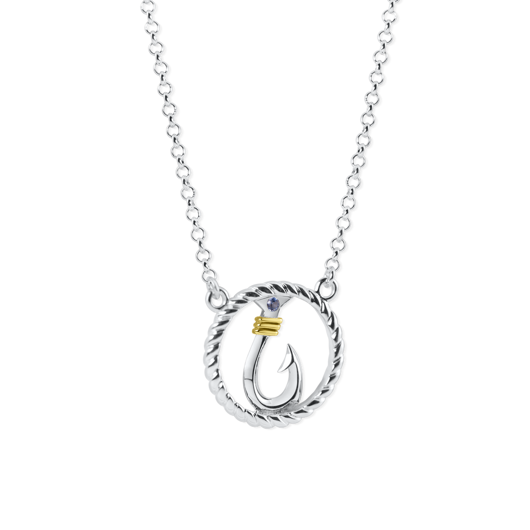 Ladies Hook Circle Rope Necklace from Nau-T-Girl in Silver with Gold Accent and Imitation Blue Stone