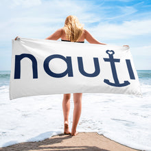 "NAUTI Girl" Beach Towel in White Terry Fabric with Blue Anchor