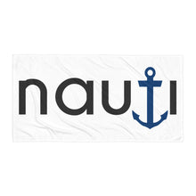 "NAUTI Guy" Beach Towel in White Terry Fabric with Blue Anchor