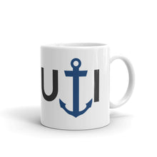 "NAUTI Guy" 11 oz. or 15 oz. Ceramic Mug in White with Black Logo and Blue Anchor