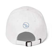 Ladies "Nauti Hair, Don't Care" Baseball Cap in Snow White or Sky Blue with Blue Embroidery