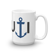 "NAUTI Guy" 11 oz. or 15 oz. Ceramic Mug in White with Black Logo and Blue Anchor
