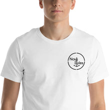 Mens "NautiStyles" logo on the front and "NautiGuys" on the back T-shirt in White